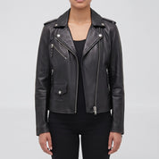 Women's Black Leather Biker Jacket — Tyndall
