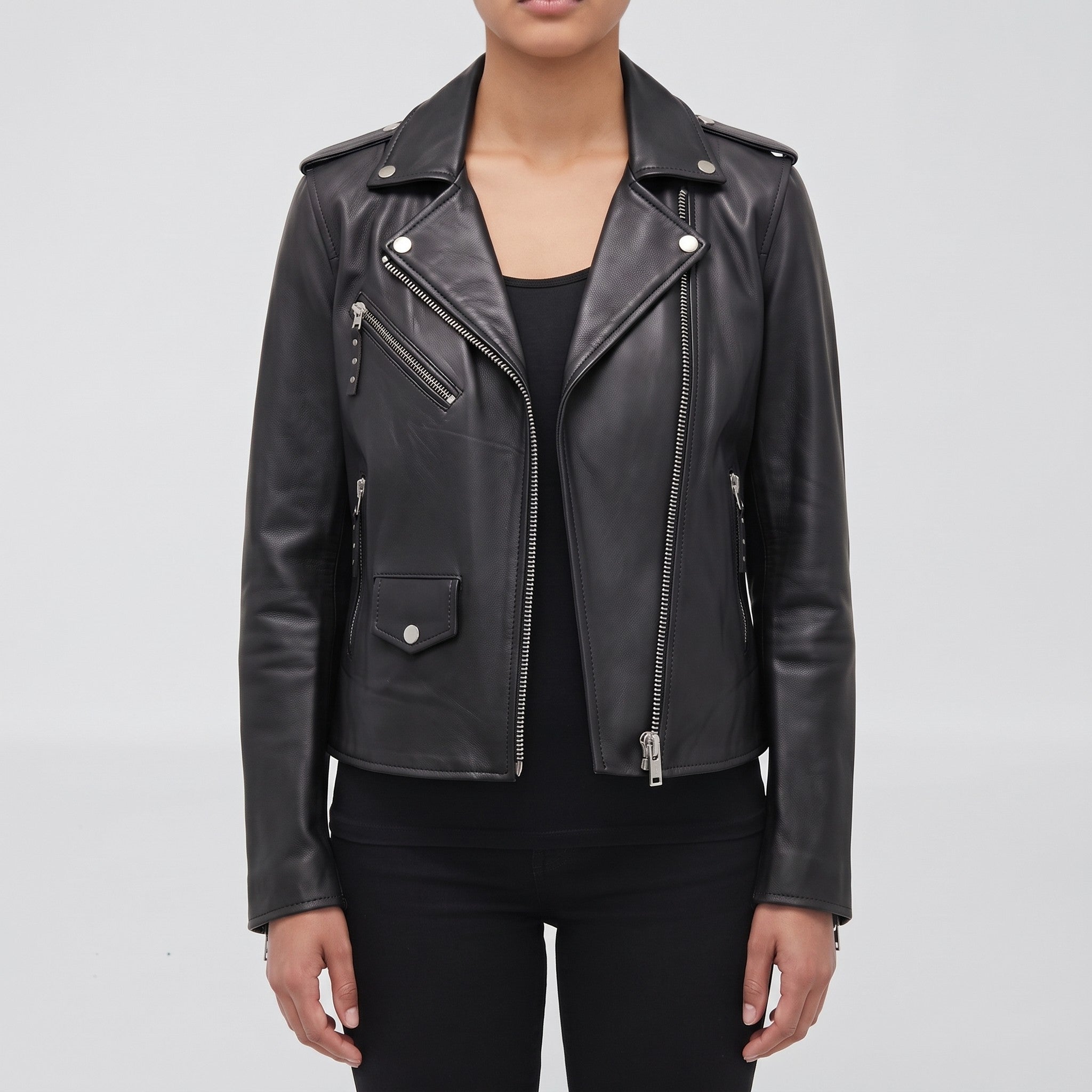 Women's Black Leather Biker Jacket — Tyndall