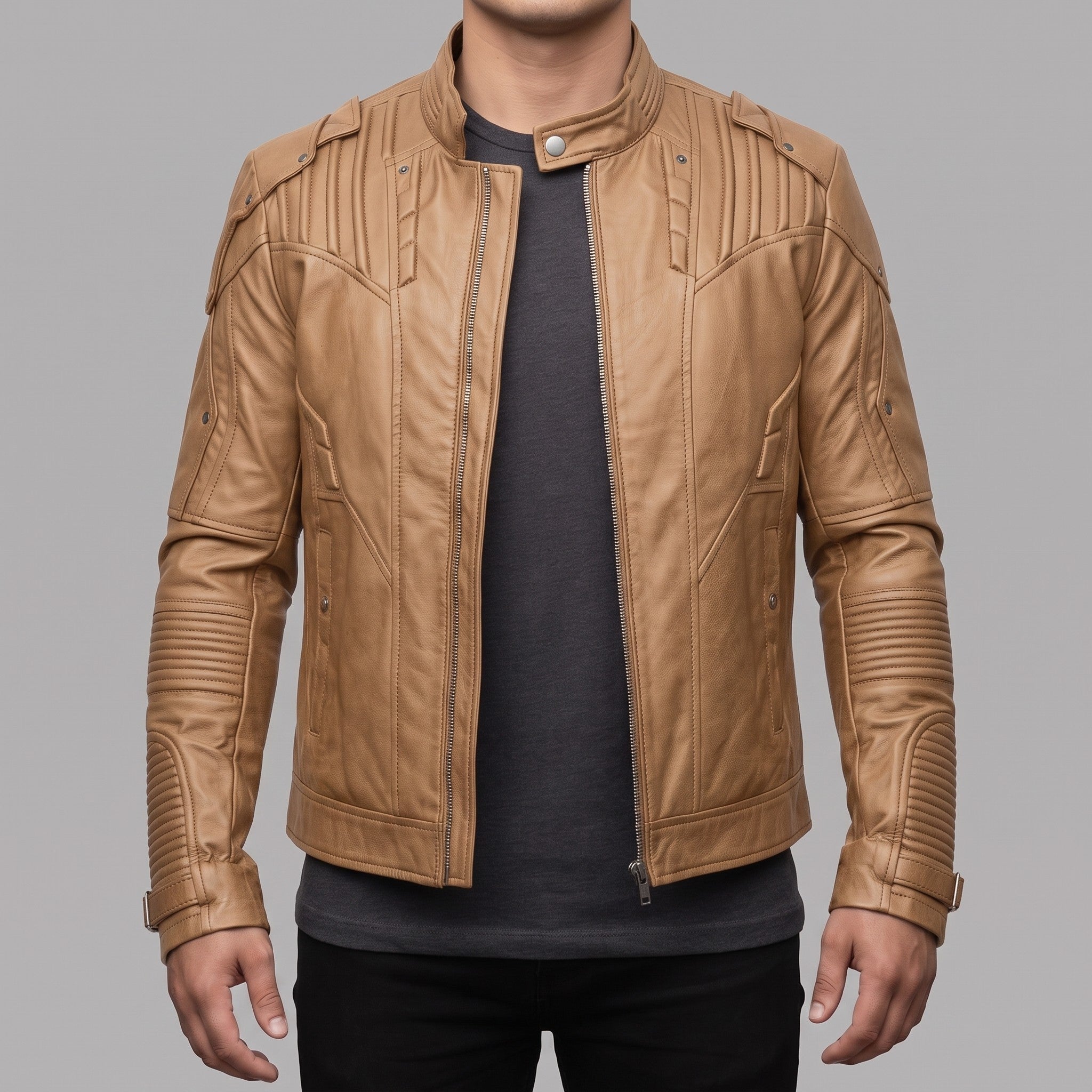 Men's Tan Leather Biker Jacket — Daventry