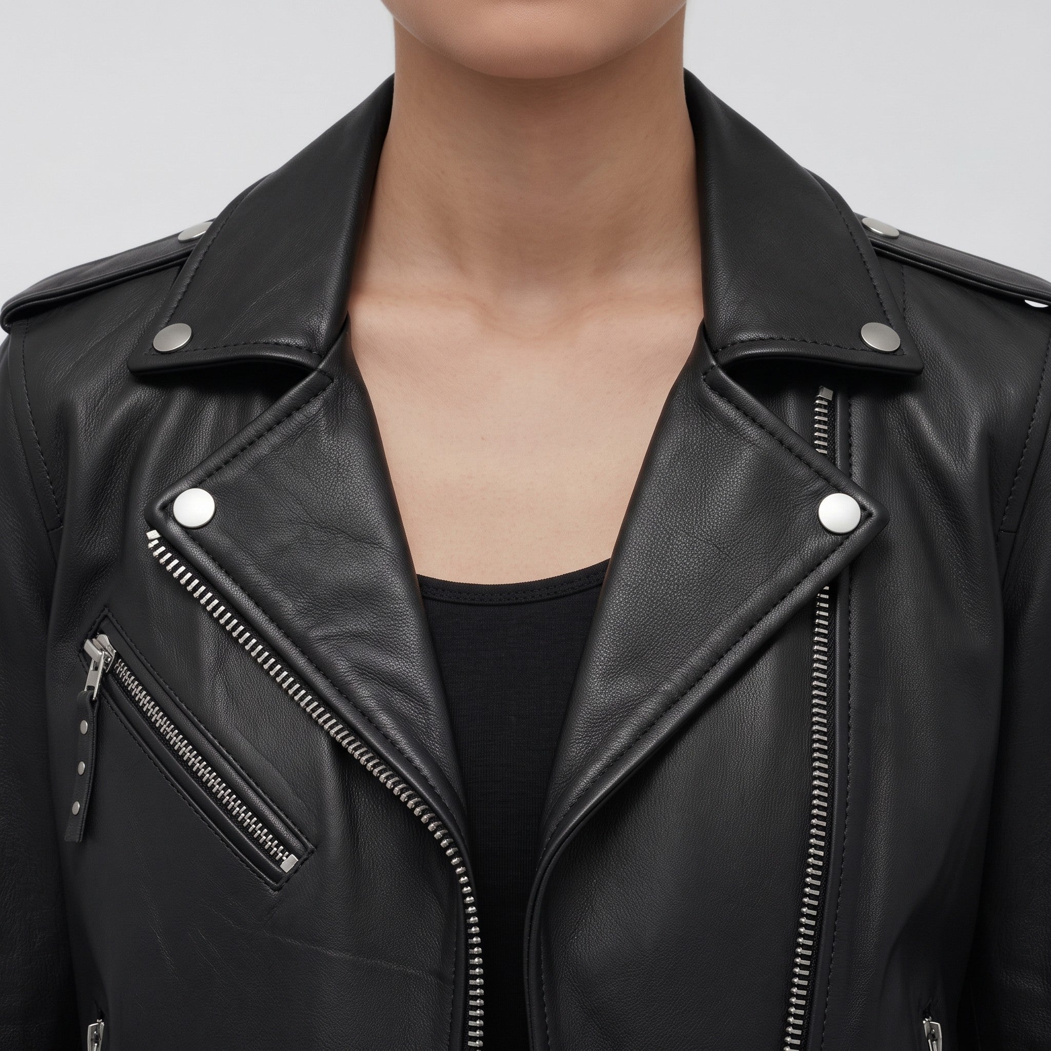 Women's Black Leather Biker Jacket — Tyndall