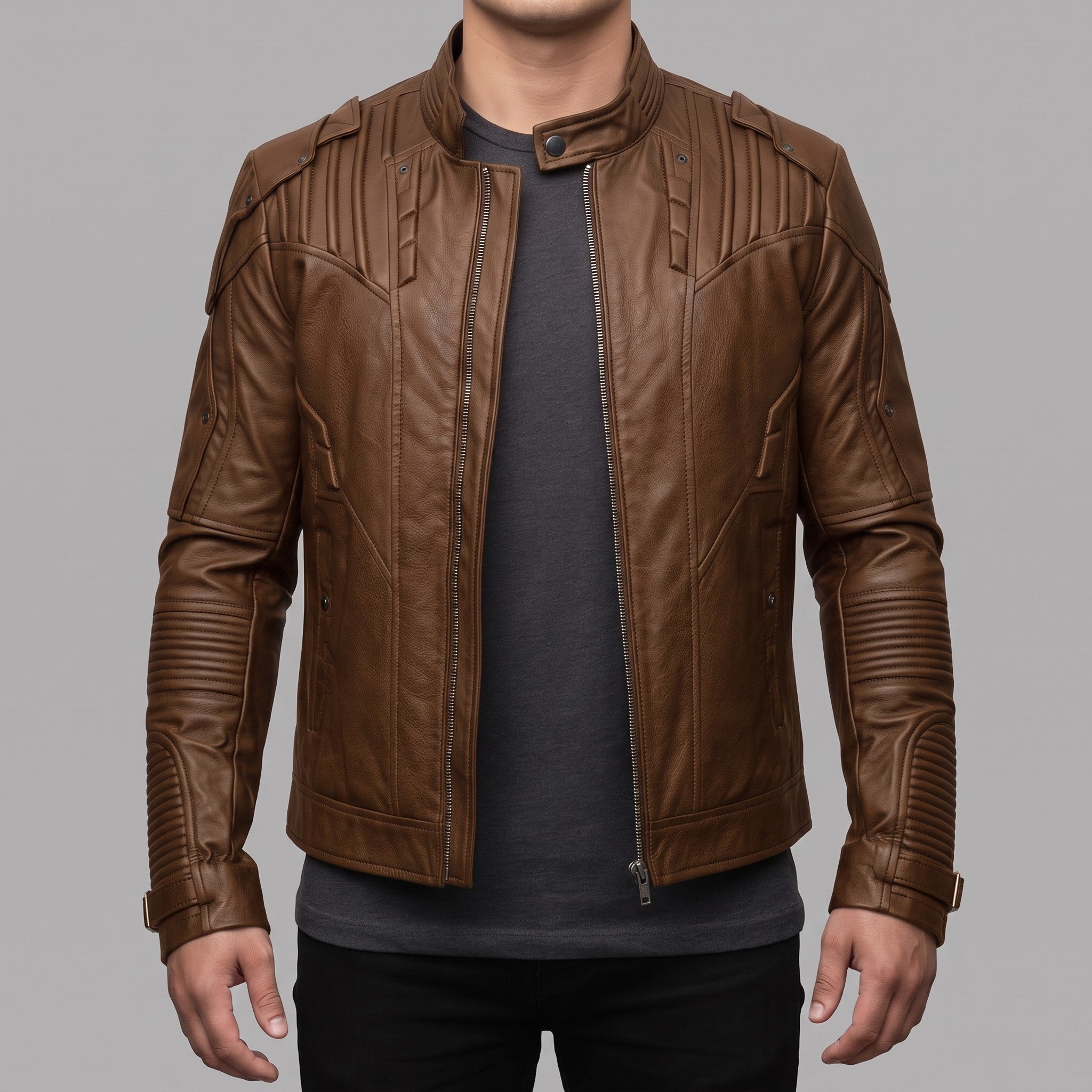 Men's Brown Leather Biker Jacket — Daventry