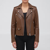 Women's Brown Leather Biker Jacket — Tyndall