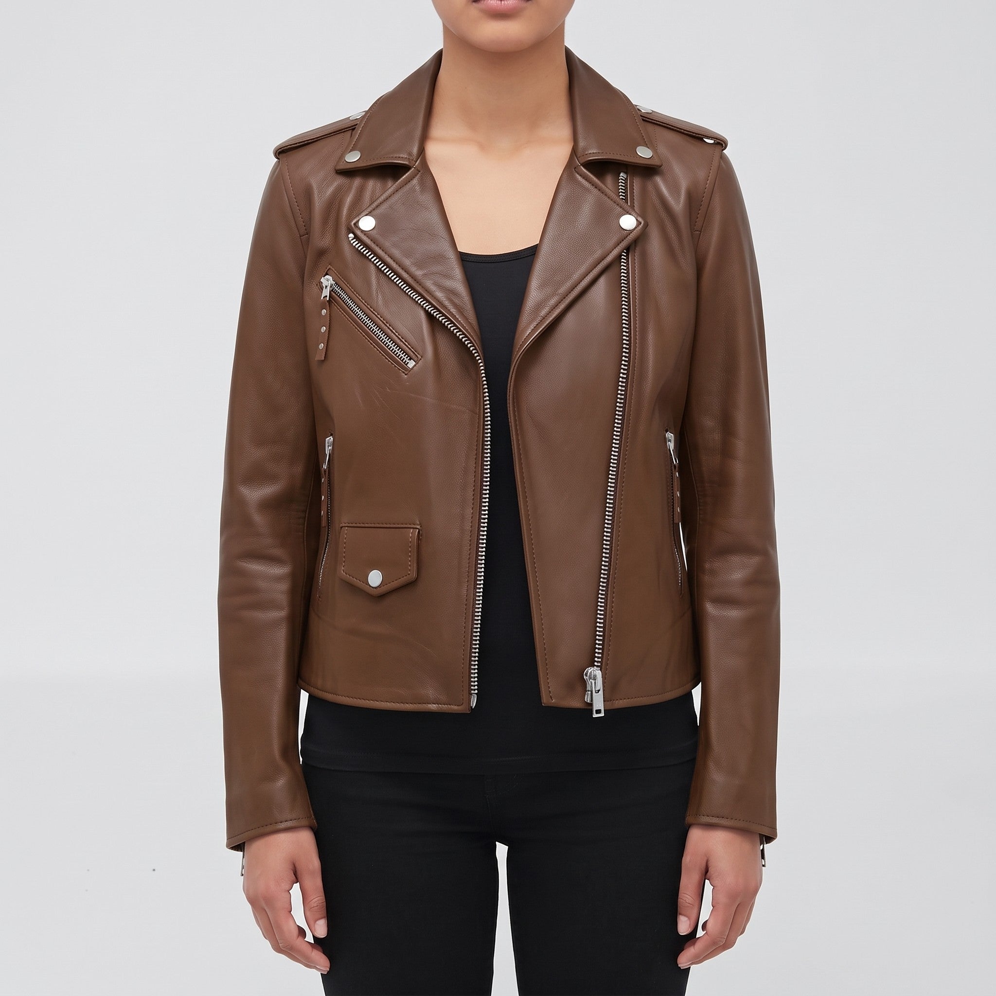 Women's Brown Leather Biker Jacket — Tyndall
