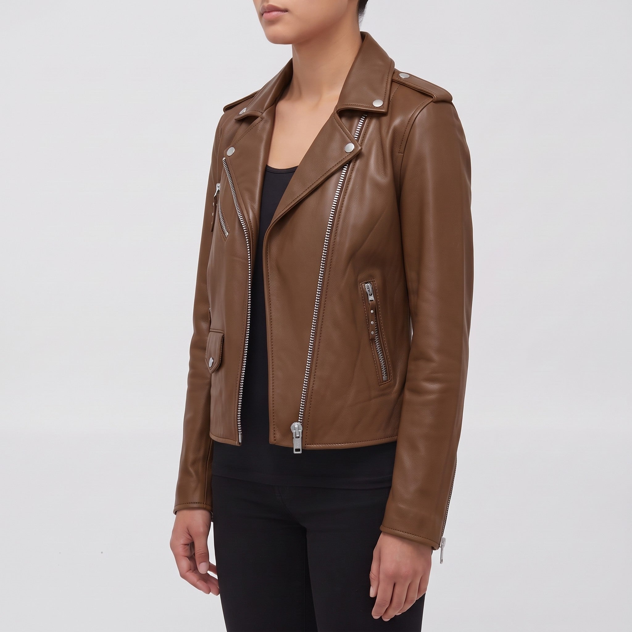 Women's Brown Leather Biker Jacket — Tyndall