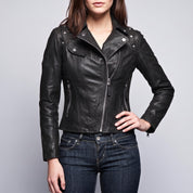 Women's Black Asymmetric Zip Leather Biker Jacket — Knightley