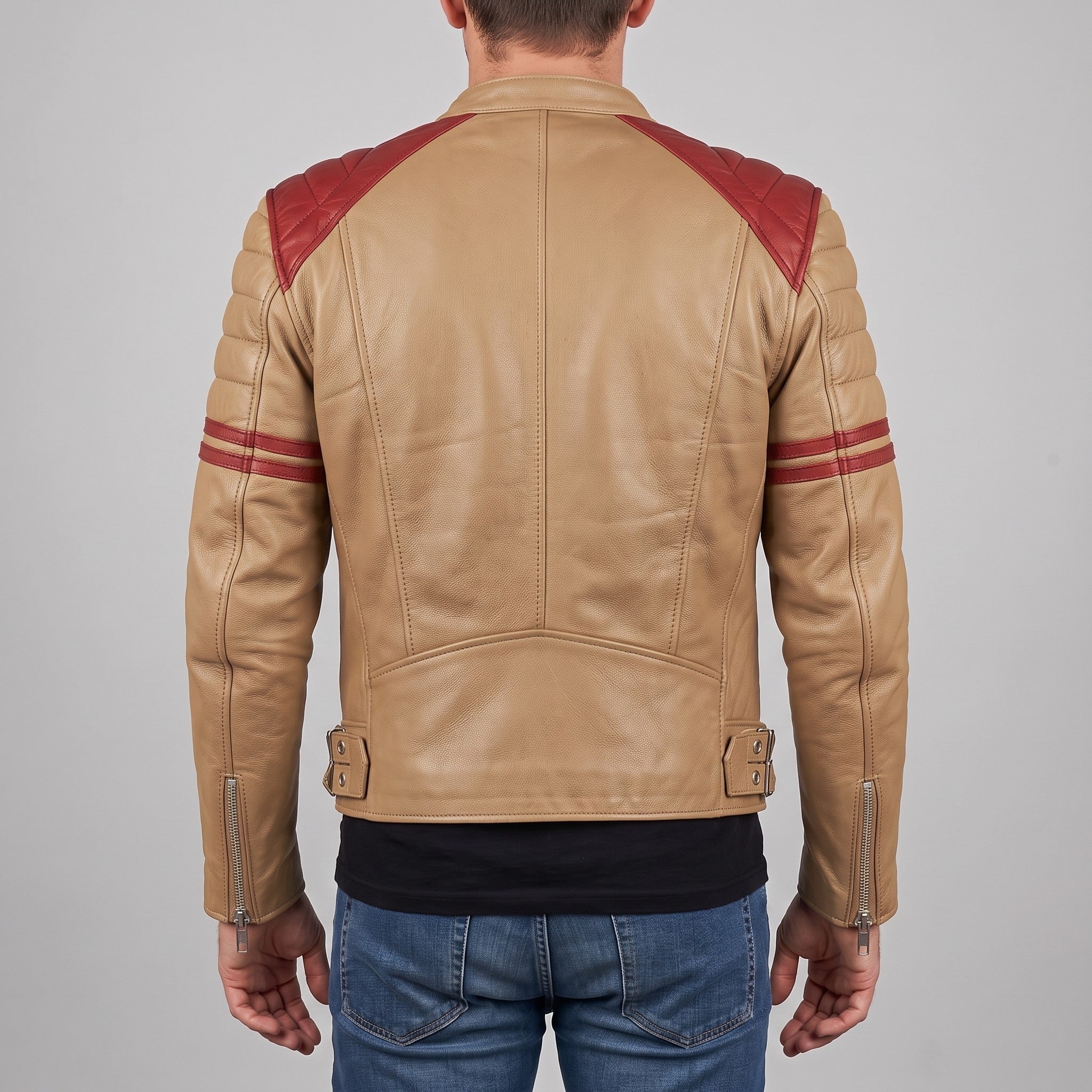 Men's Tan and Red Leather Biker Jacket — Holtby
