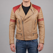 Men's Tan and Red Leather Biker Jacket — Holtby