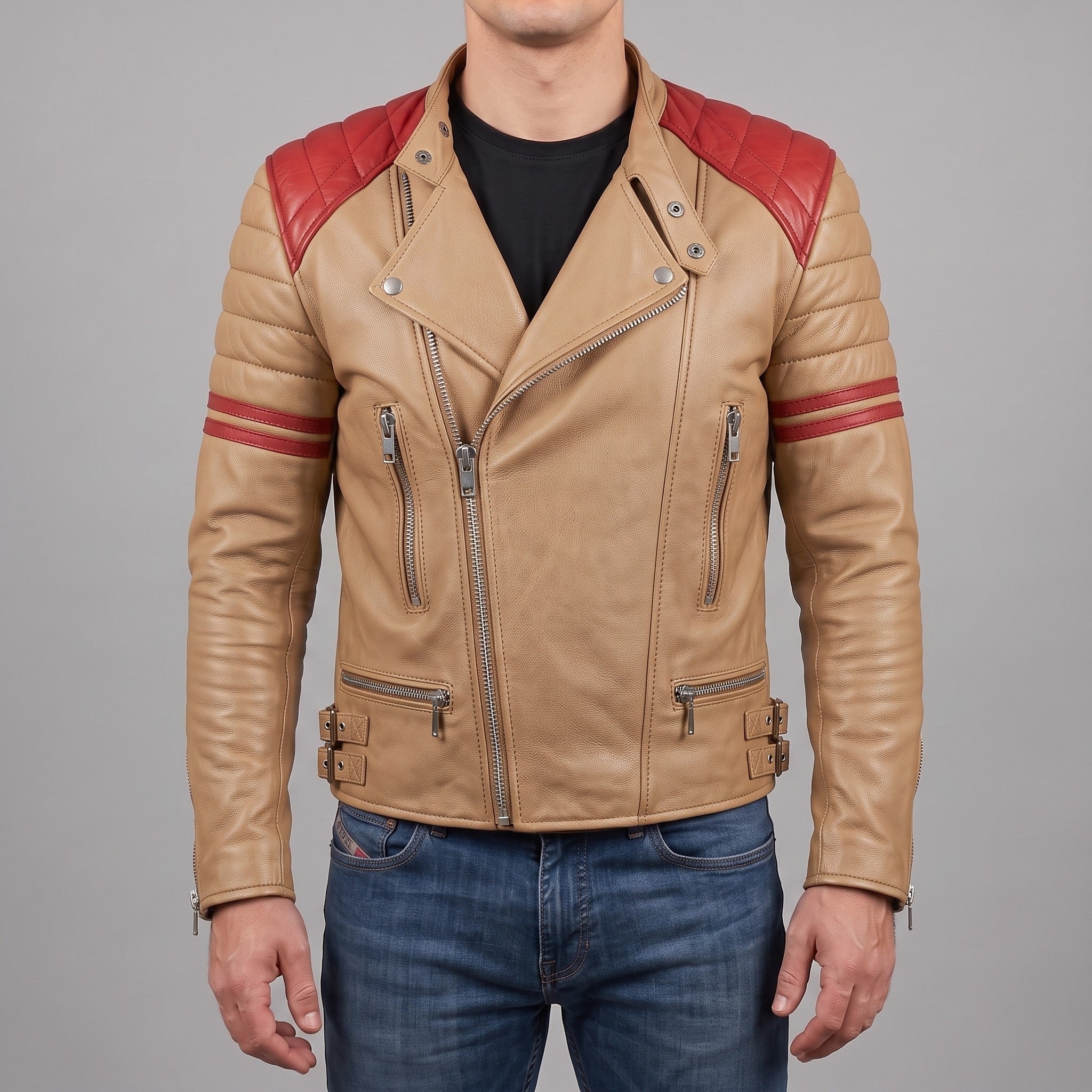 Men's Tan and Red Leather Biker Jacket — Holtby