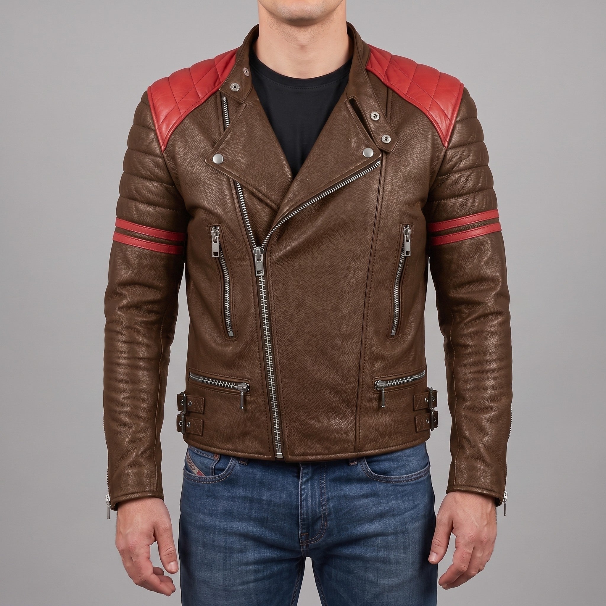 Men's Brown and Red Leather Biker Jacket — Holtby