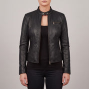 Women's Black Leather Cafe Racer Jacket — Clawson