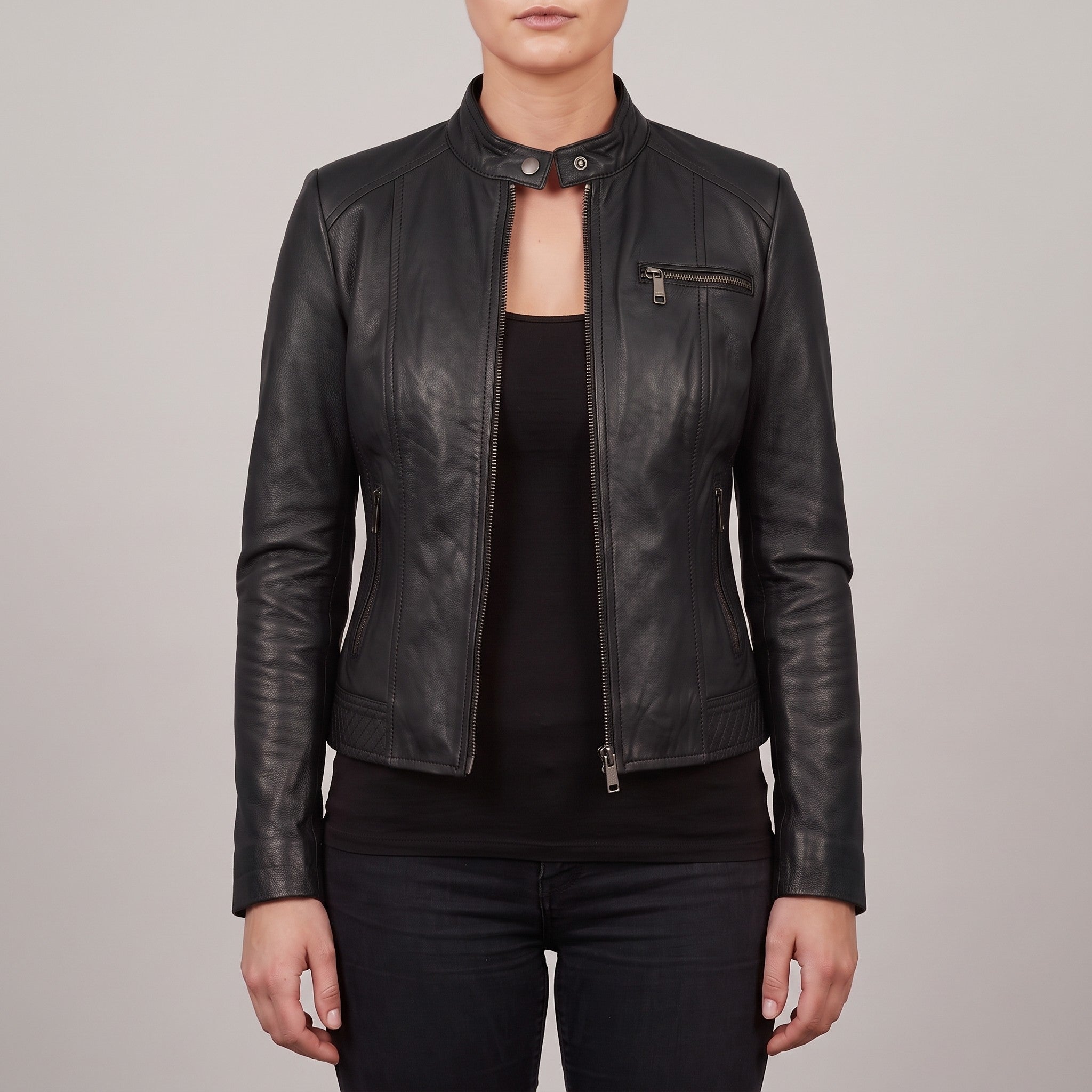 Women's Black Leather Cafe Racer Jacket — Clawson