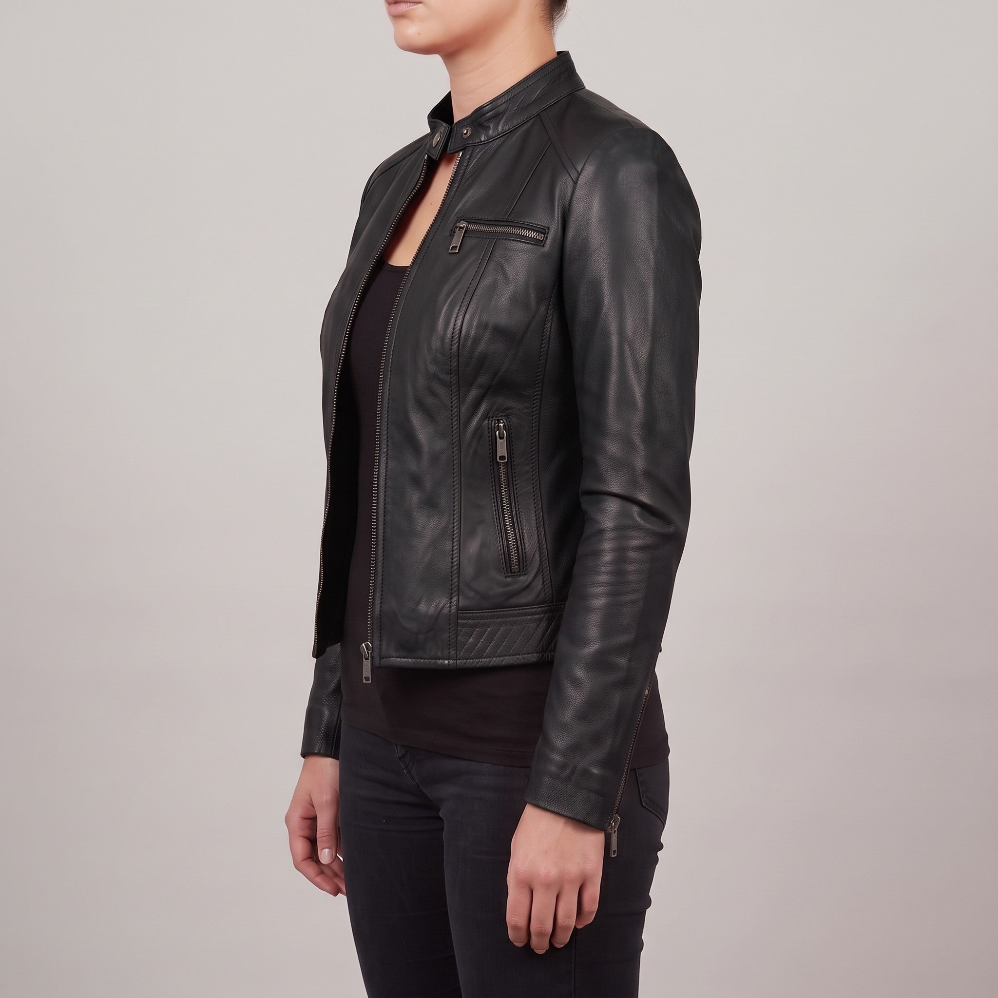Women's Black Leather Cafe Racer Jacket — Clawson