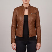 Women's Brown Leather Cafe Racer Jacket — Clawson