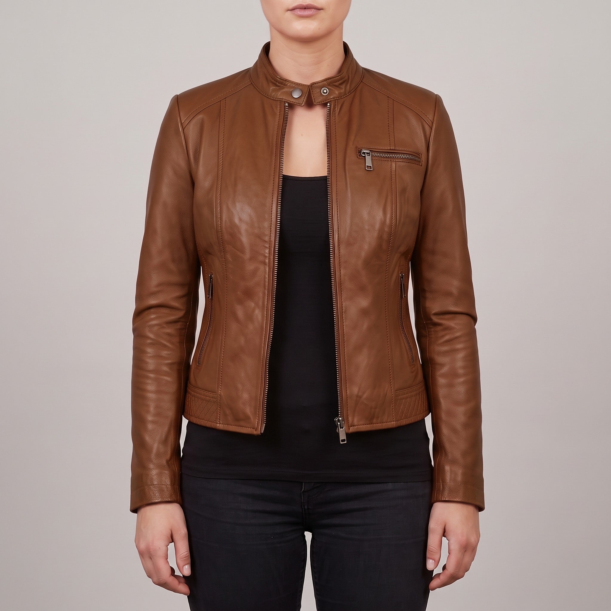 Women's Brown Leather Cafe Racer Jacket — Clawson