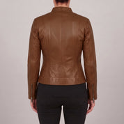 Women's Brown Leather Cafe Racer Jacket — Clawson