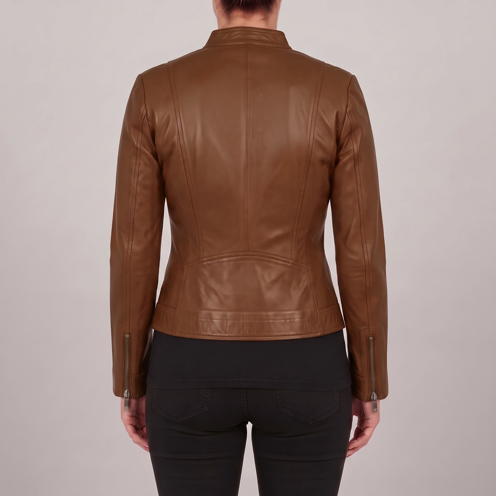 Women's Brown Leather Cafe Racer Jacket — Clawson