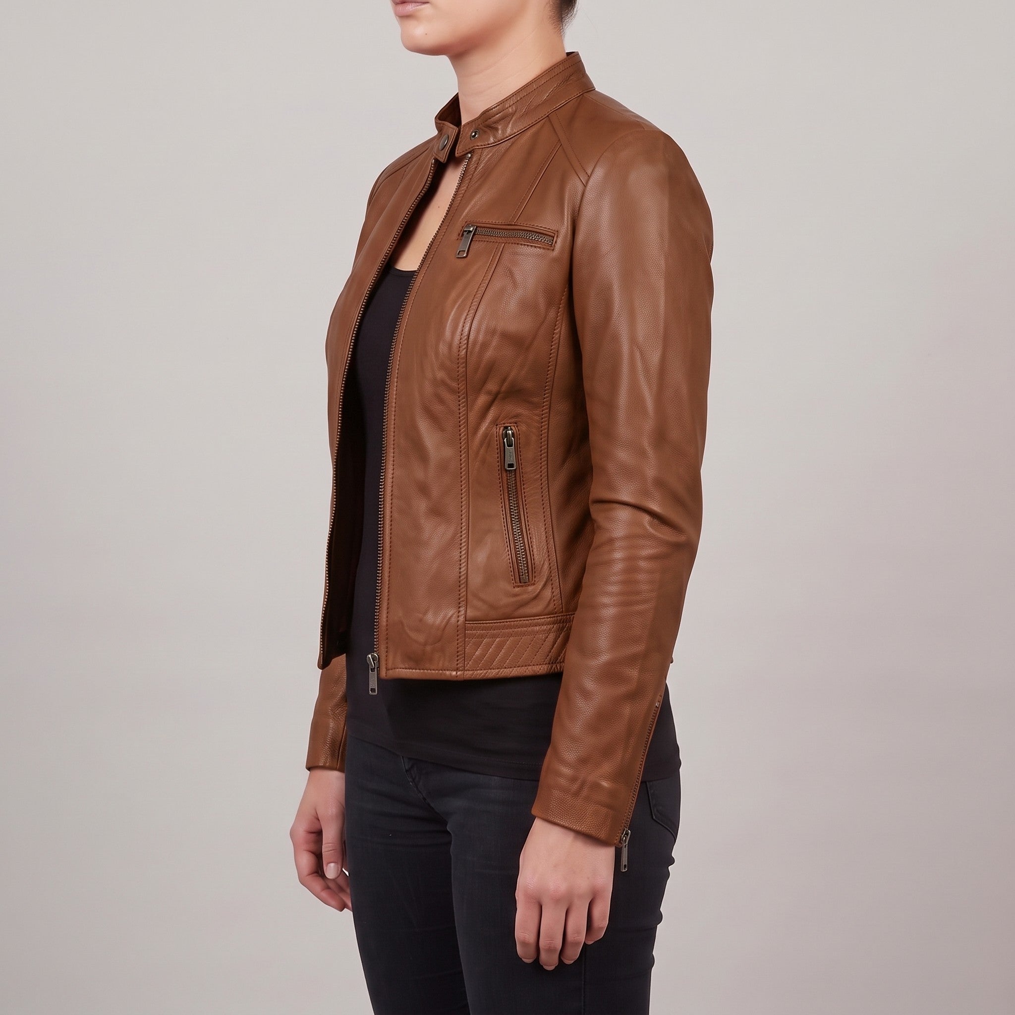 Women's Brown Leather Cafe Racer Jacket — Clawson