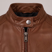 Women's Brown Leather Cafe Racer Jacket — Clawson