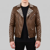 Men's Brown Studded Leather Biker Jacket — Tufton