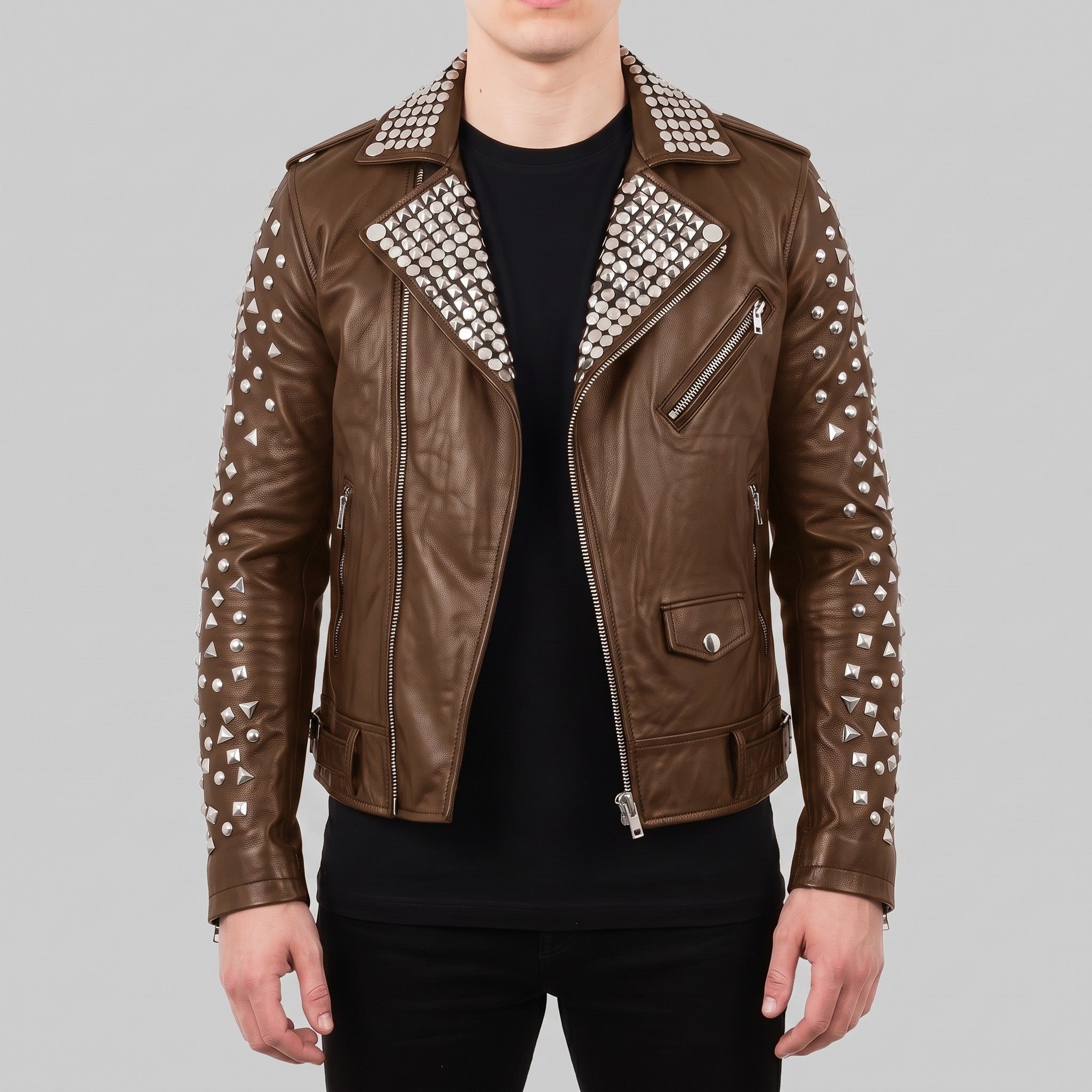 Men's Brown Studded Leather Biker Jacket — Tufton