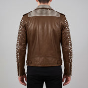 Men's Brown Studded Leather Biker Jacket — Tufton