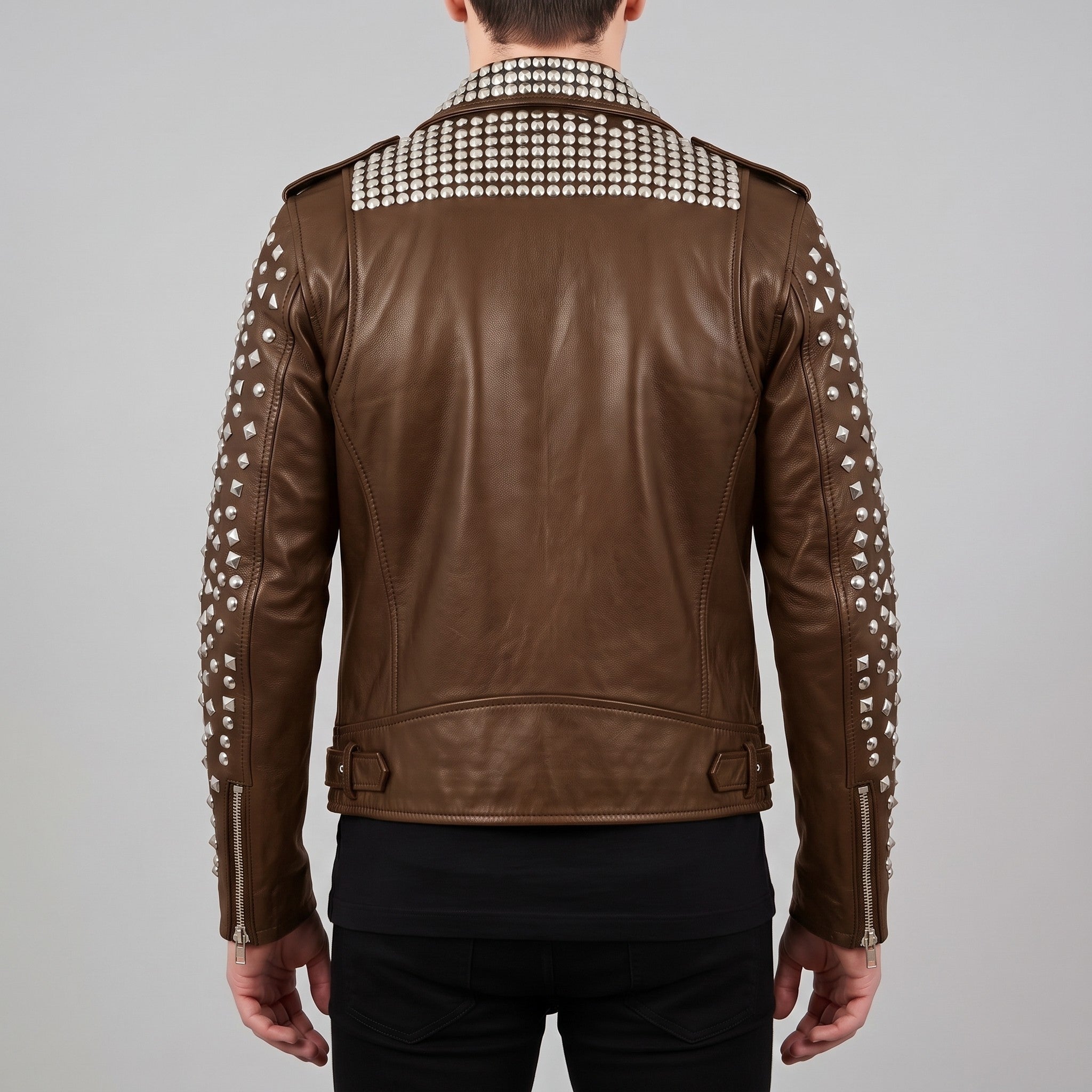 Men's Brown Studded Leather Biker Jacket — Tufton