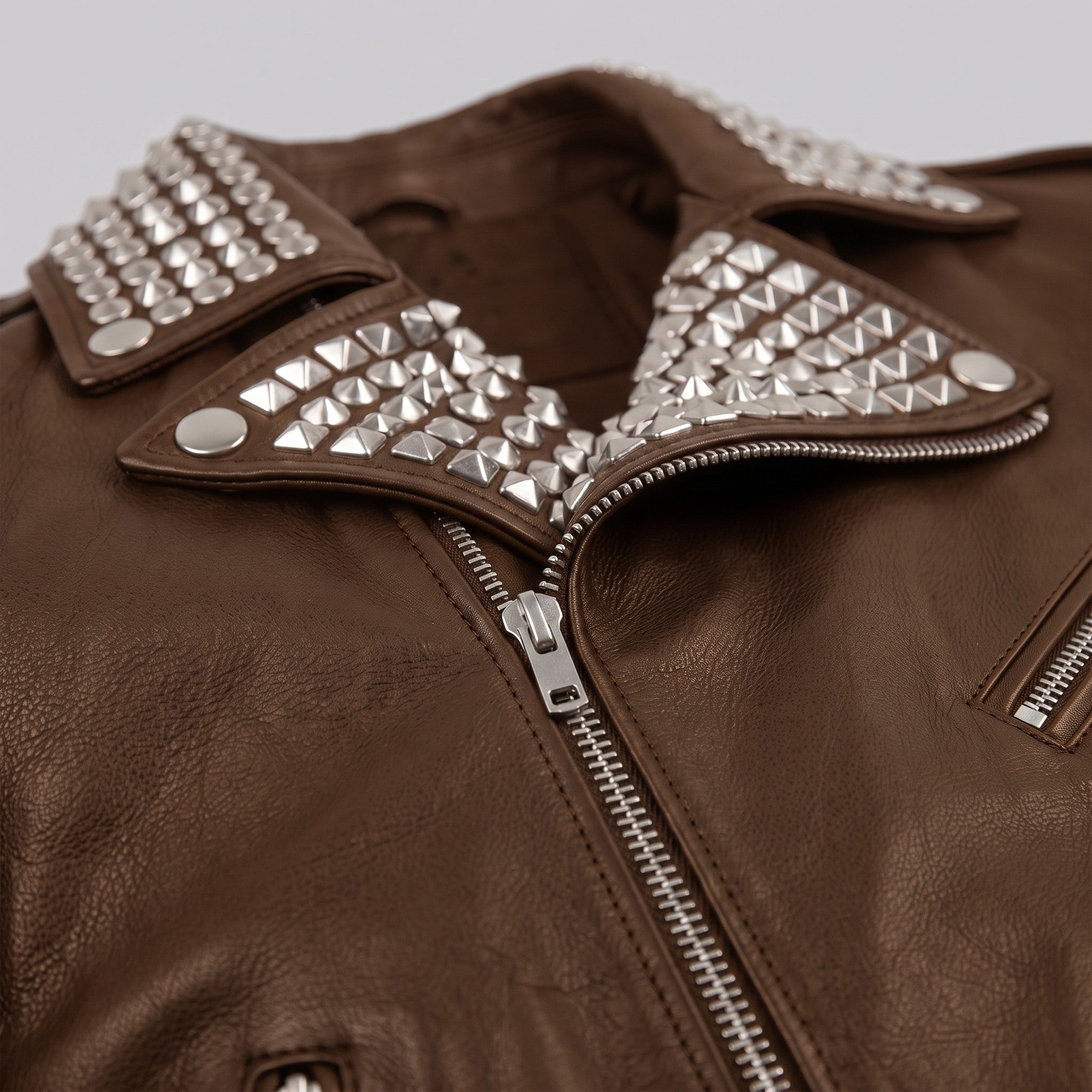 Men's Brown Studded Leather Biker Jacket — Tufton