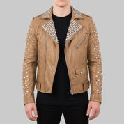 Men's Tan Studded Leather Biker Jacket — Tufton