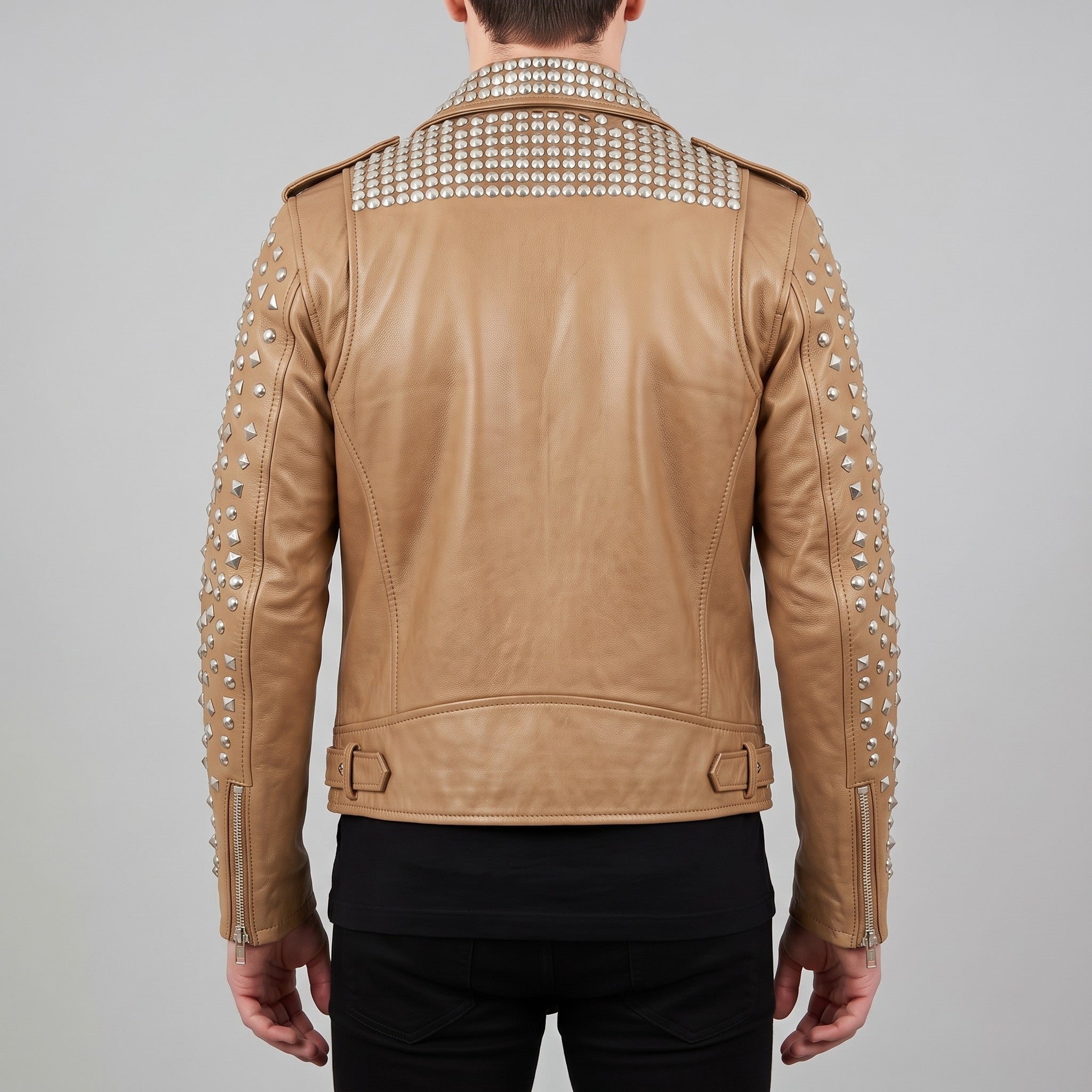 Men's Tan Studded Leather Biker Jacket — Tufton