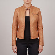 Women's Tan Leather Cafe Racer Jacket — Clawson