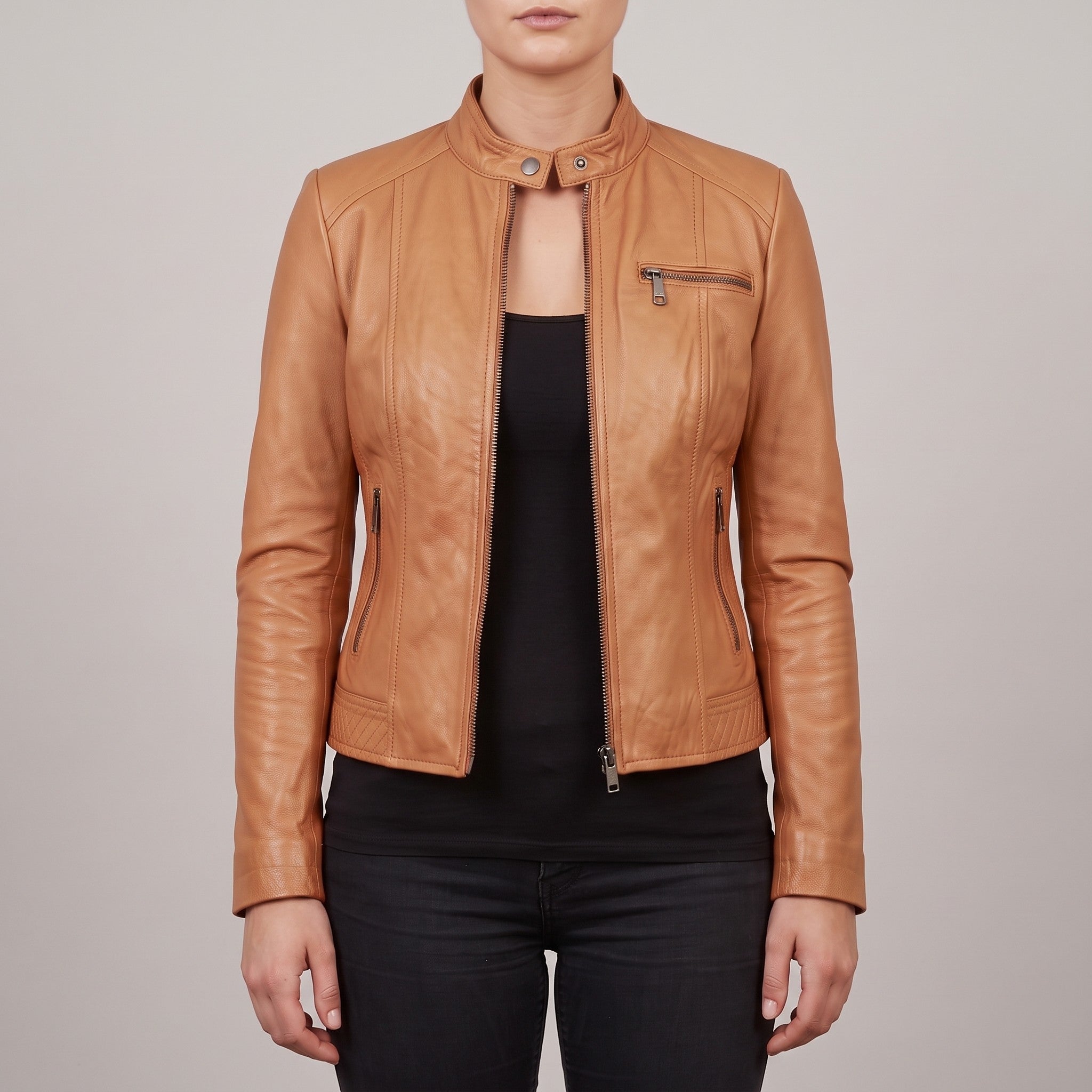 Women's Tan Leather Cafe Racer Jacket — Clawson