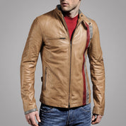 Men's Tan Leather Biker Jacket — Gunston
