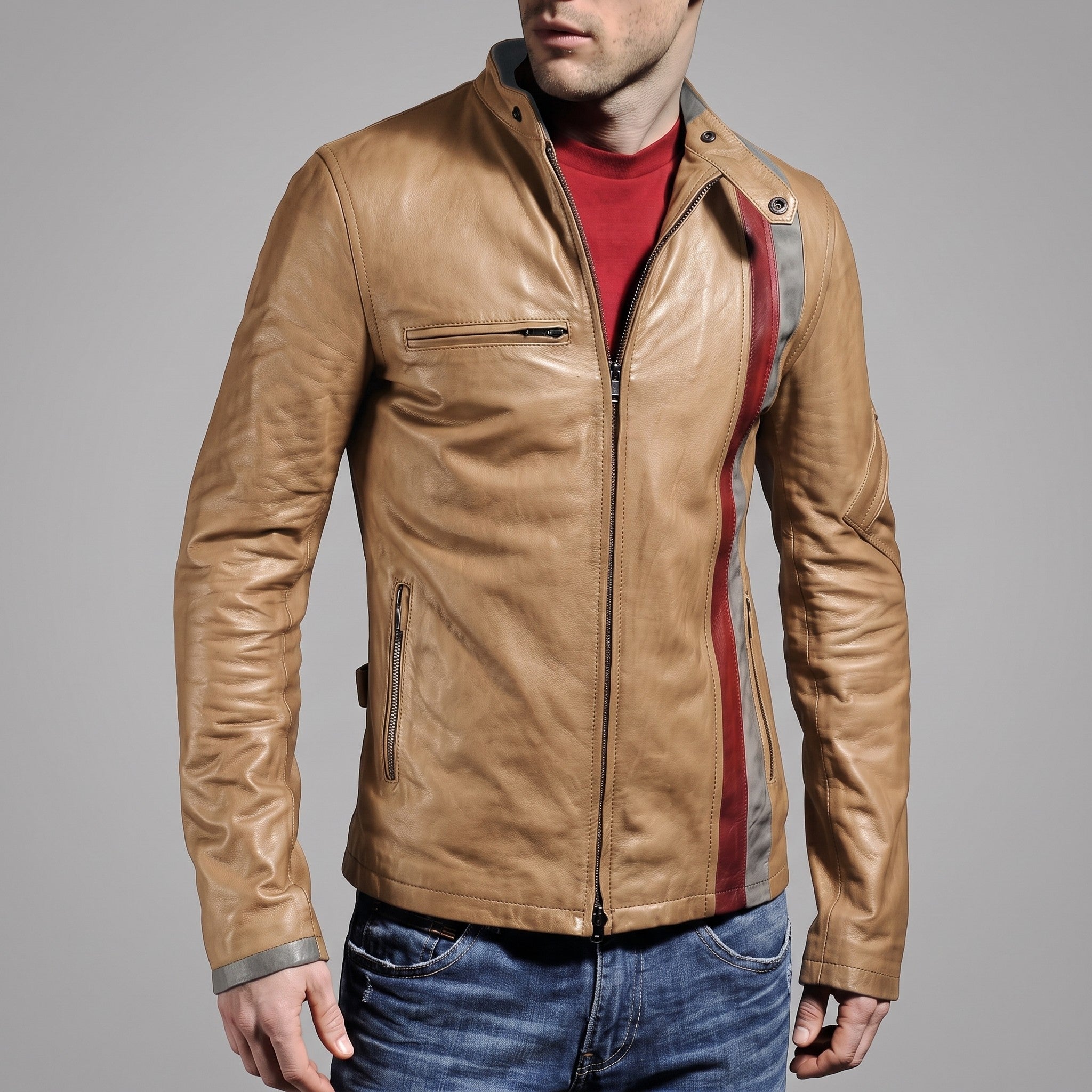 Men's Tan Leather Biker Jacket — Gunston