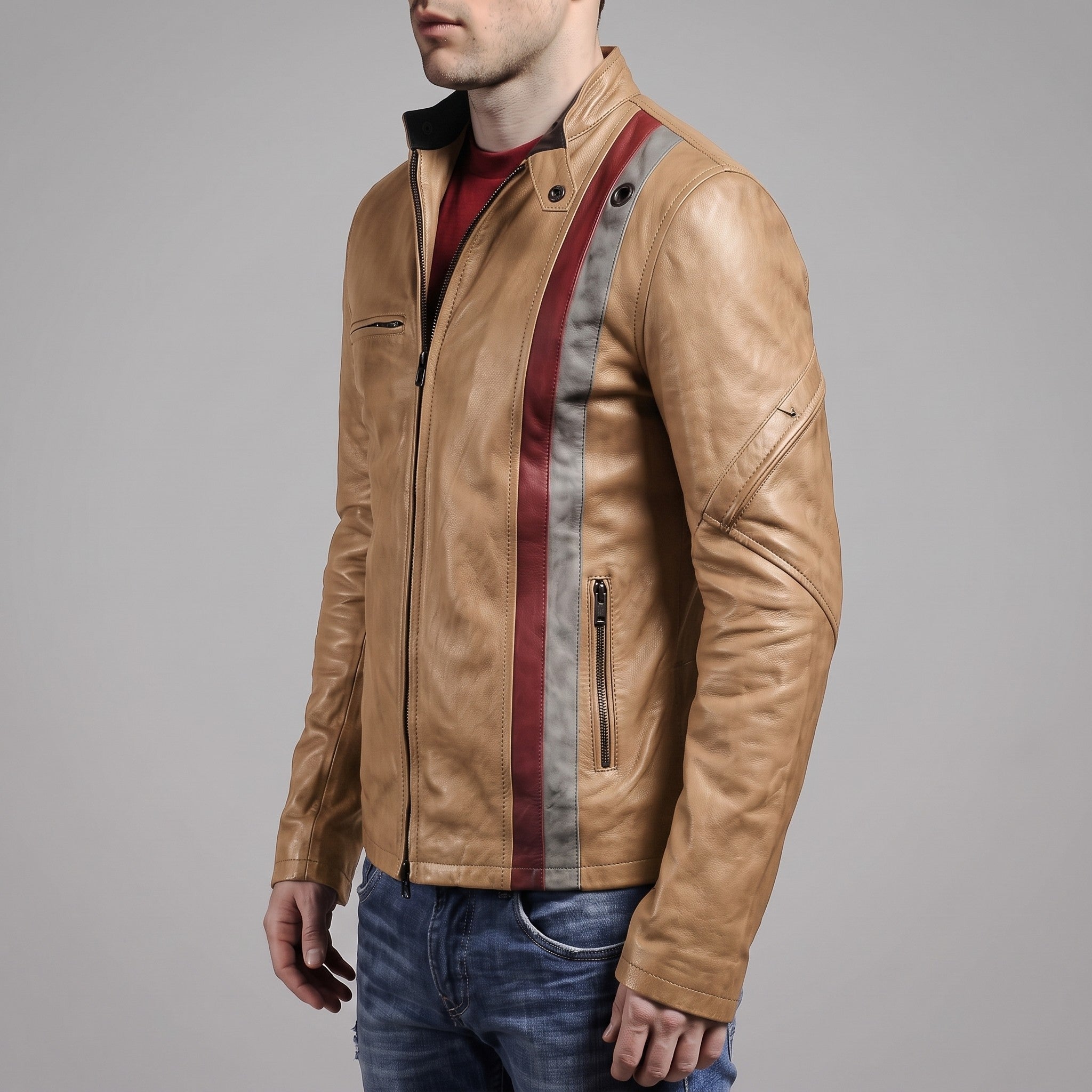 Men's Tan Leather Biker Jacket — Gunston