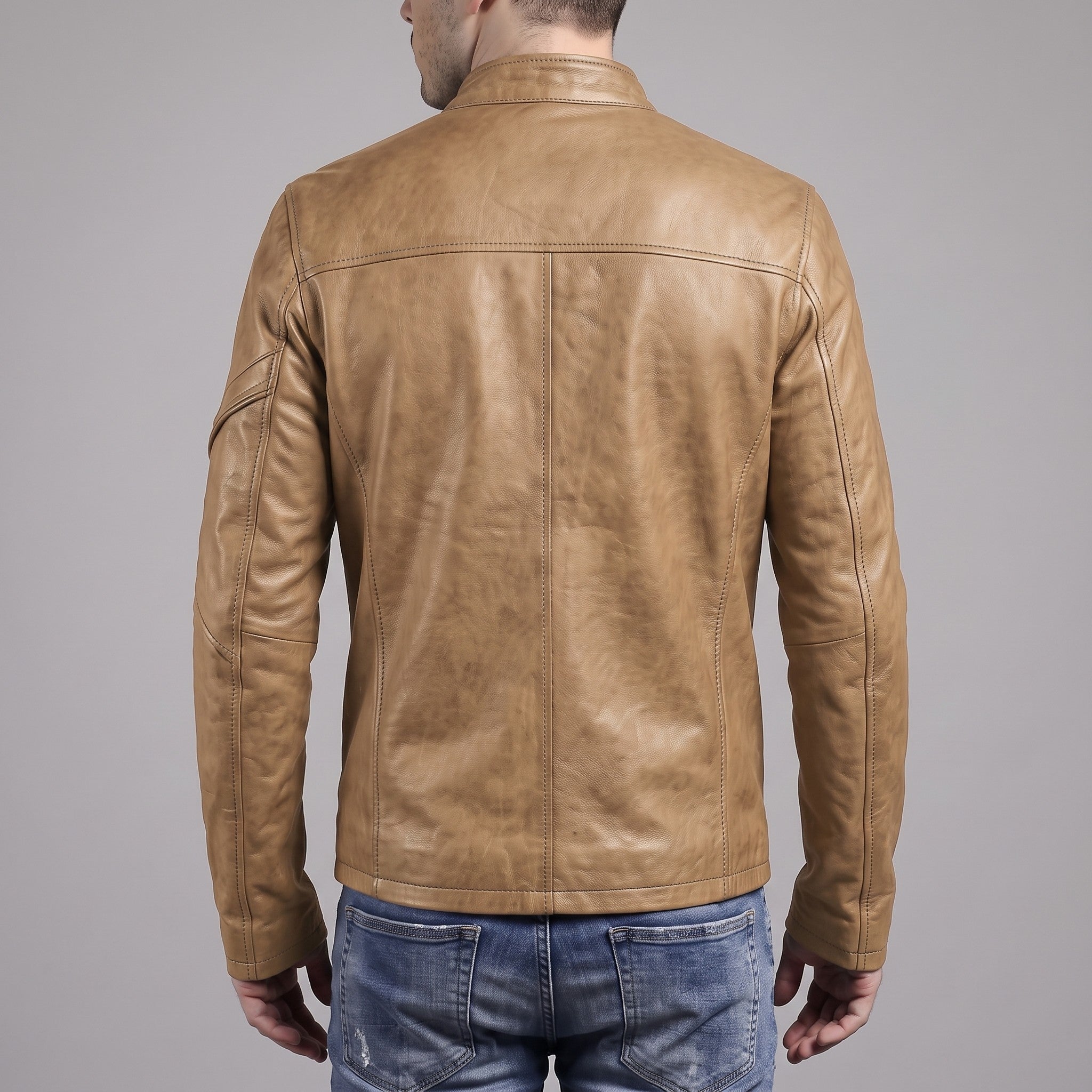 Men's Tan Leather Biker Jacket — Gunston
