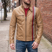 Men's Tan Leather Biker Jacket — Gunston