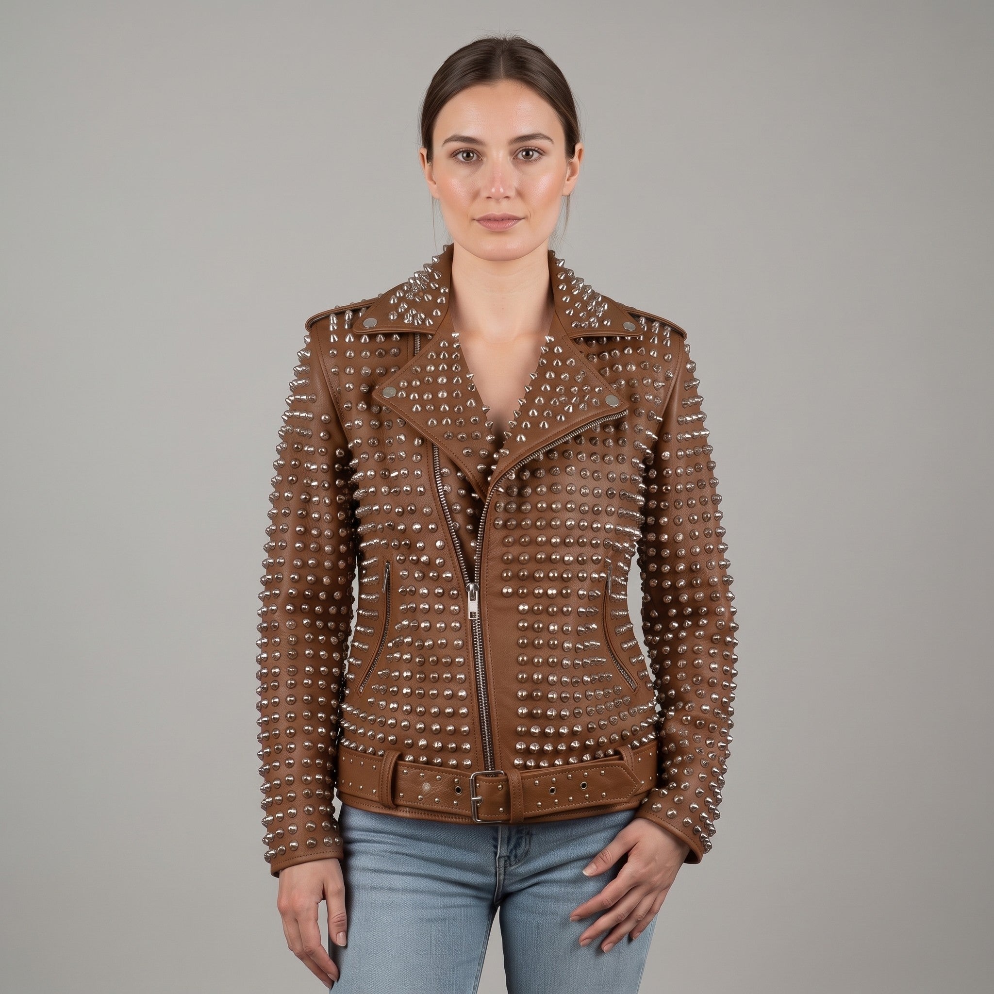 Women's Brown Studded Leather Biker Jacket — Lowton
