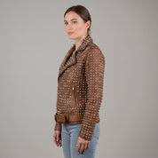 Women's Brown Studded Leather Biker Jacket — Lowton