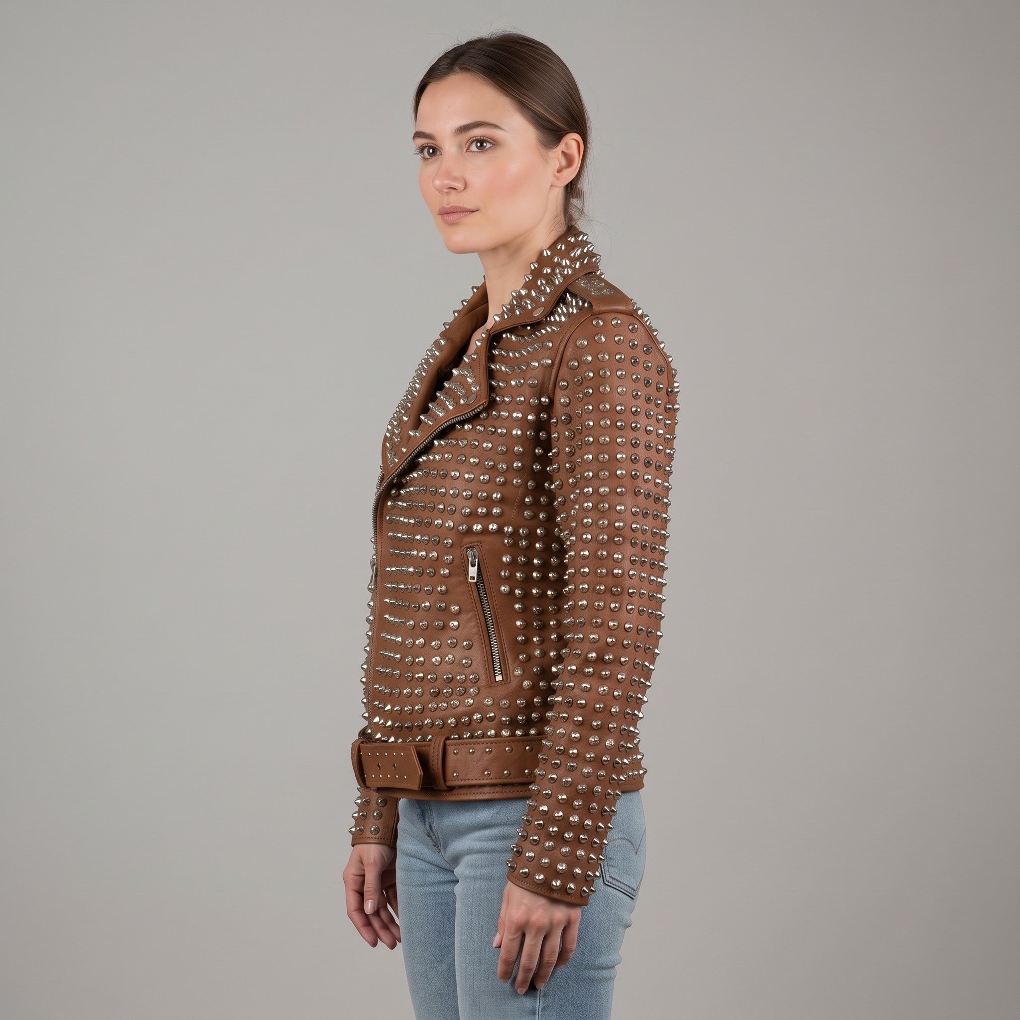 Women's Brown Studded Leather Biker Jacket — Lowton