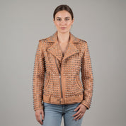 Women's Tan Studded Leather Biker Jacket — Lowton