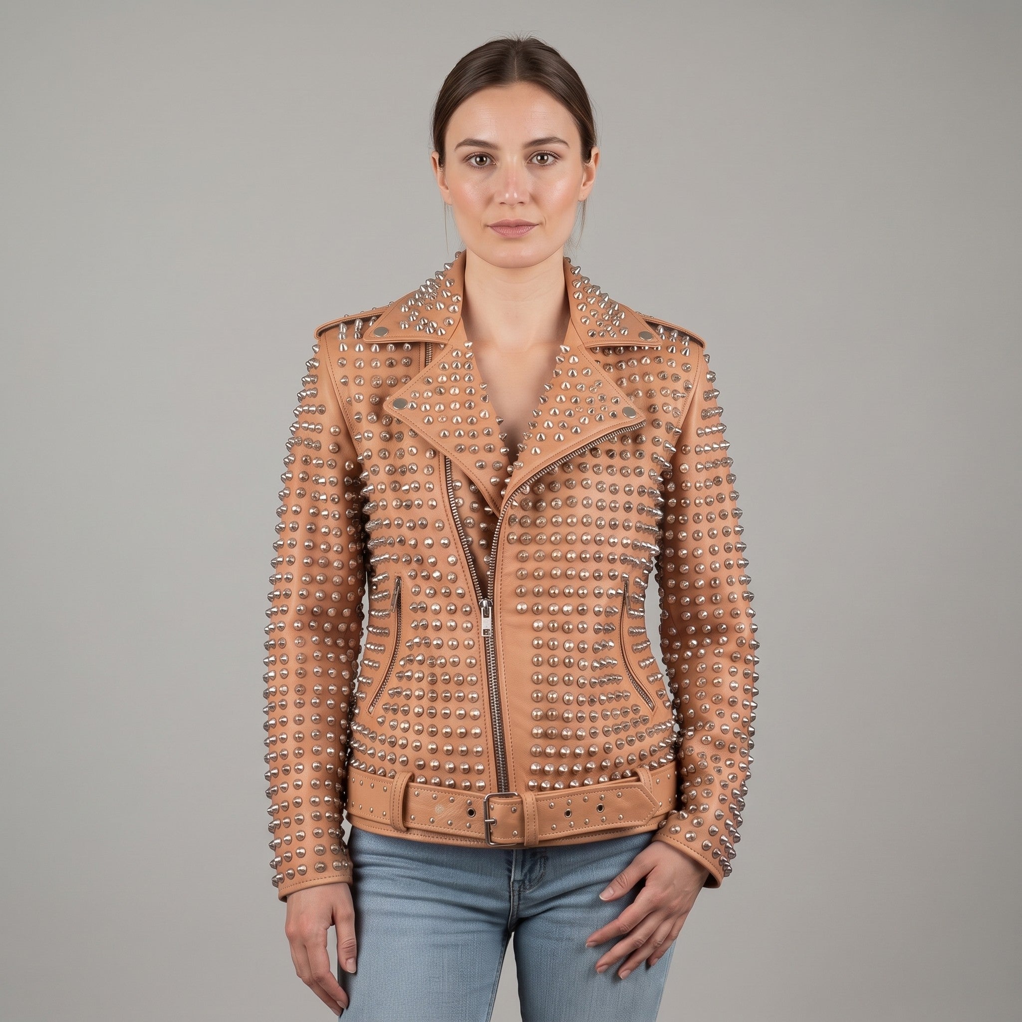 Women's Tan Studded Leather Biker Jacket — Lowton