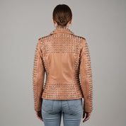 Women's Tan Studded Leather Biker Jacket — Lowton