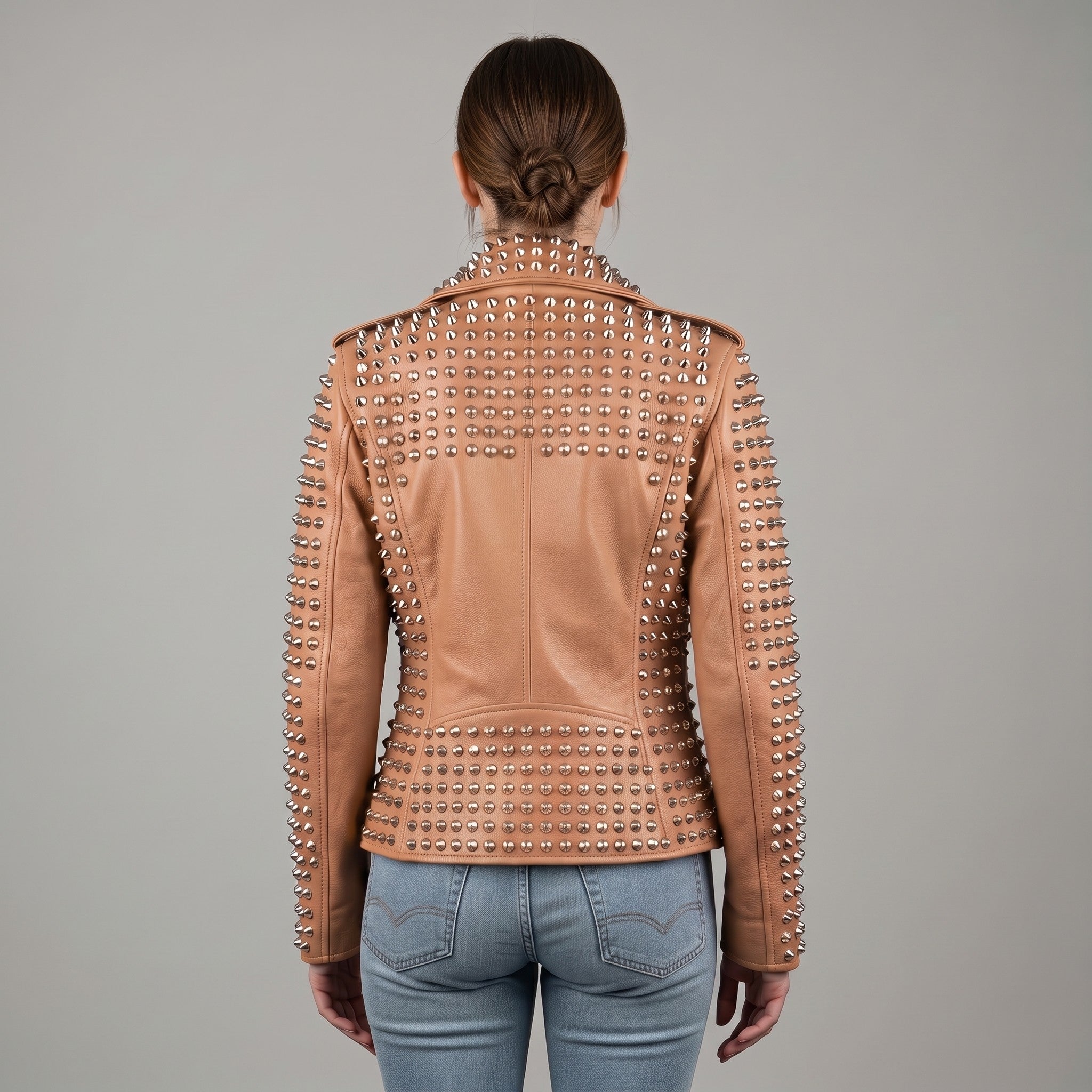 Women's Tan Studded Leather Biker Jacket — Lowton