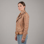 Women's Tan Studded Leather Biker Jacket — Lowton