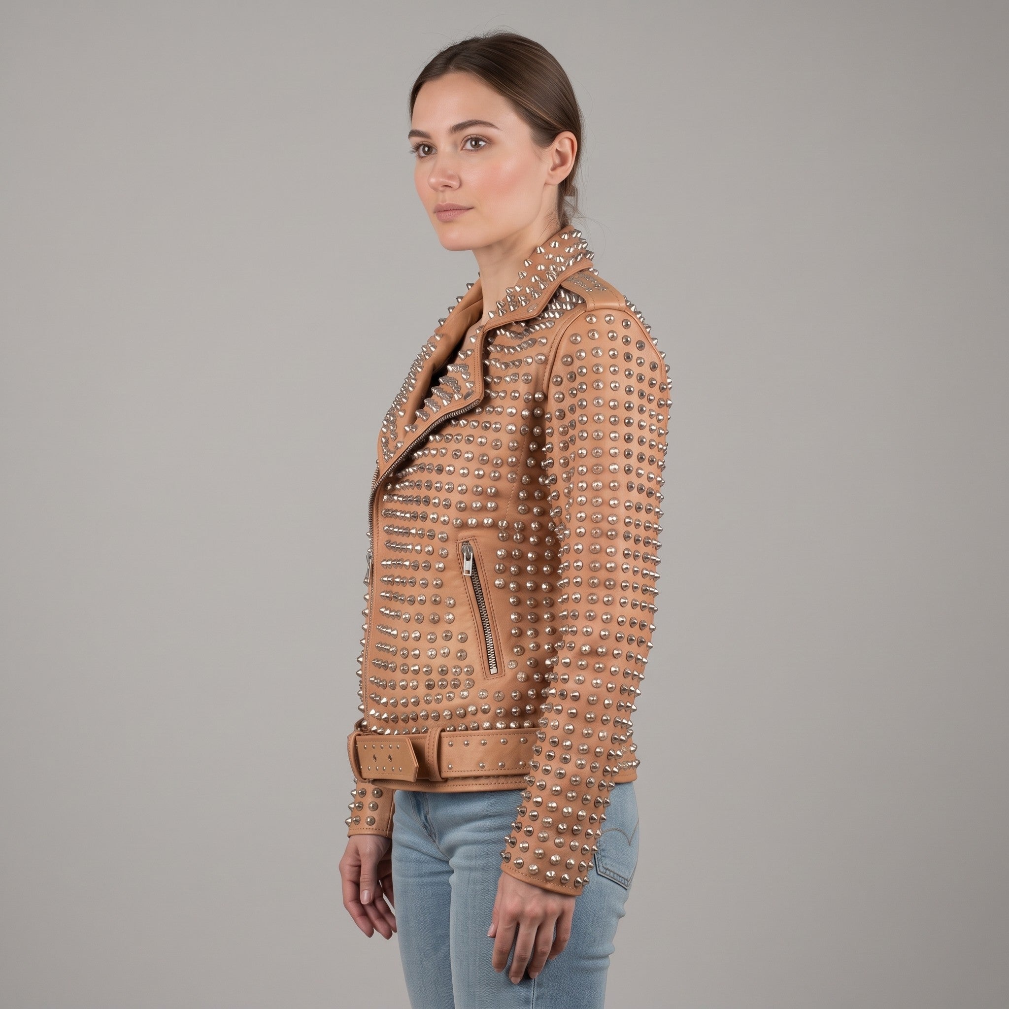 Women's Tan Studded Leather Biker Jacket — Lowton