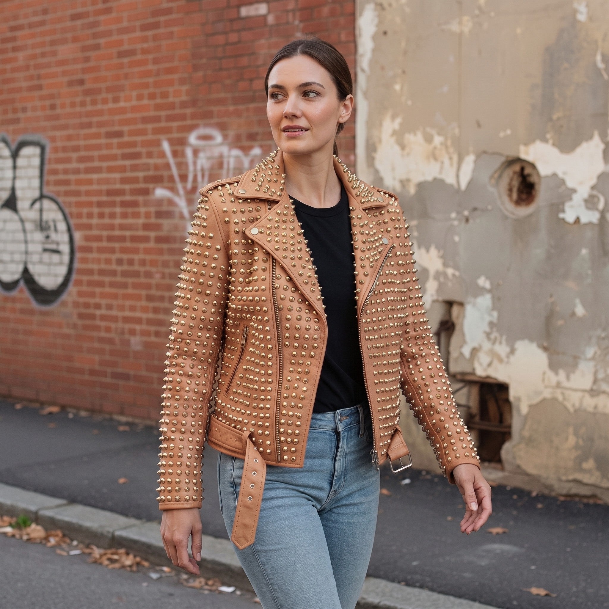 Women's Tan Studded Leather Biker Jacket — Lowton