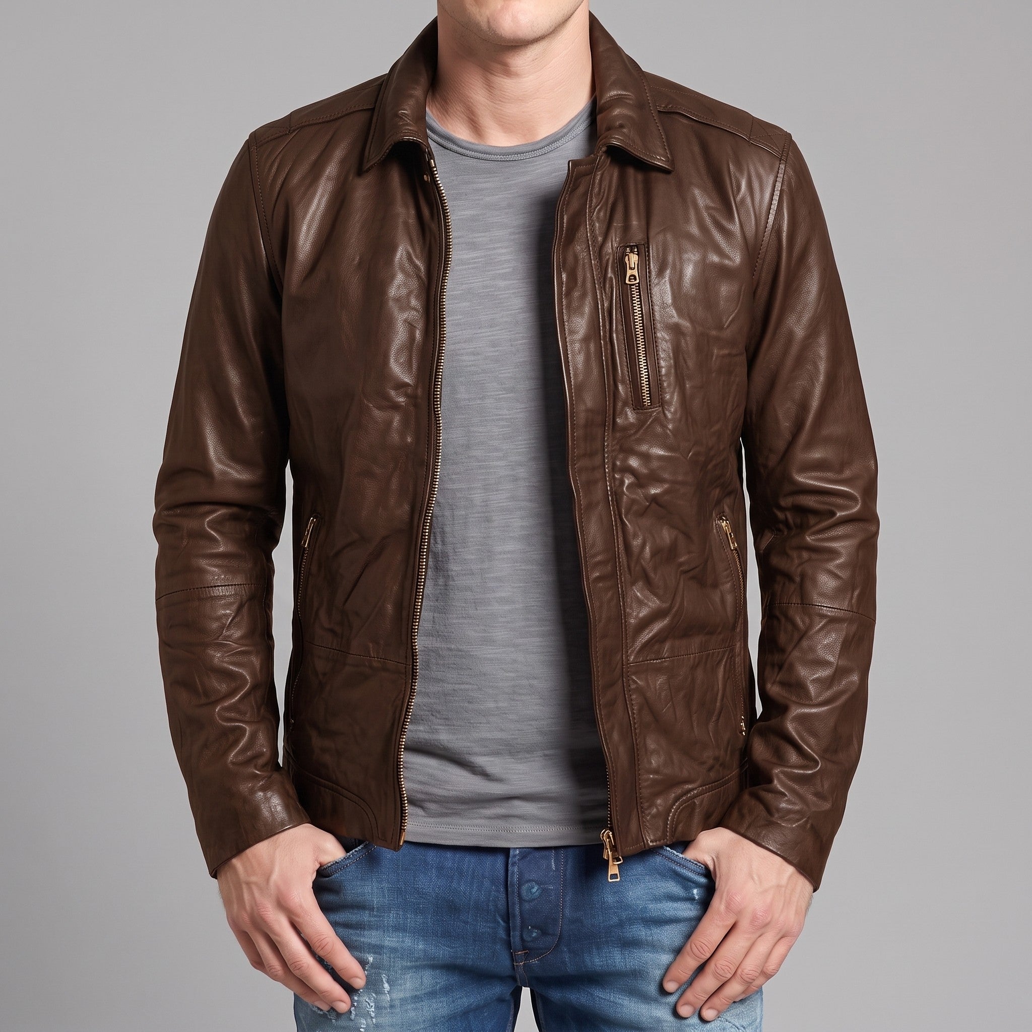 Men's Brown Leather Biker Jacket — Hooper