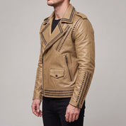 Men's Tan Studded Leather Biker Jacket — Abberthorpe