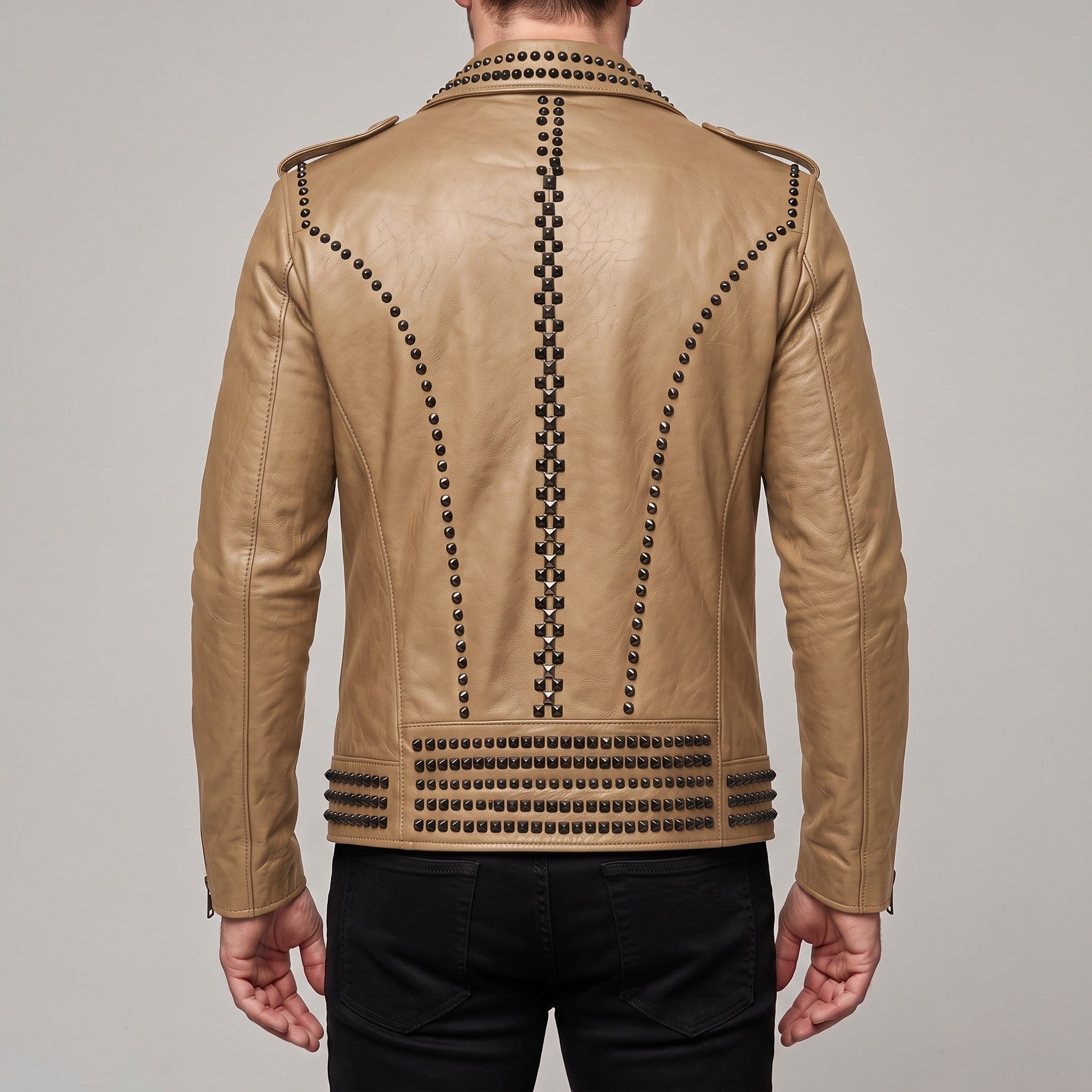 Men's Tan Studded Leather Biker Jacket — Abberthorpe