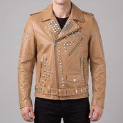 Men's Tan Studded Leather Biker Jacket — Greenshaw